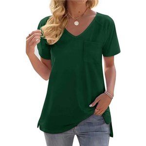 Womens Tshirts V Neck Loose Fitting Summer Tops with Pocket
